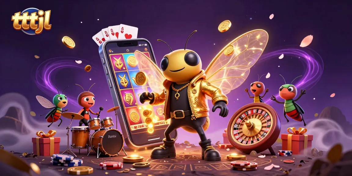 tttjl slot game scene with a cicada rock star and fun casino elements.