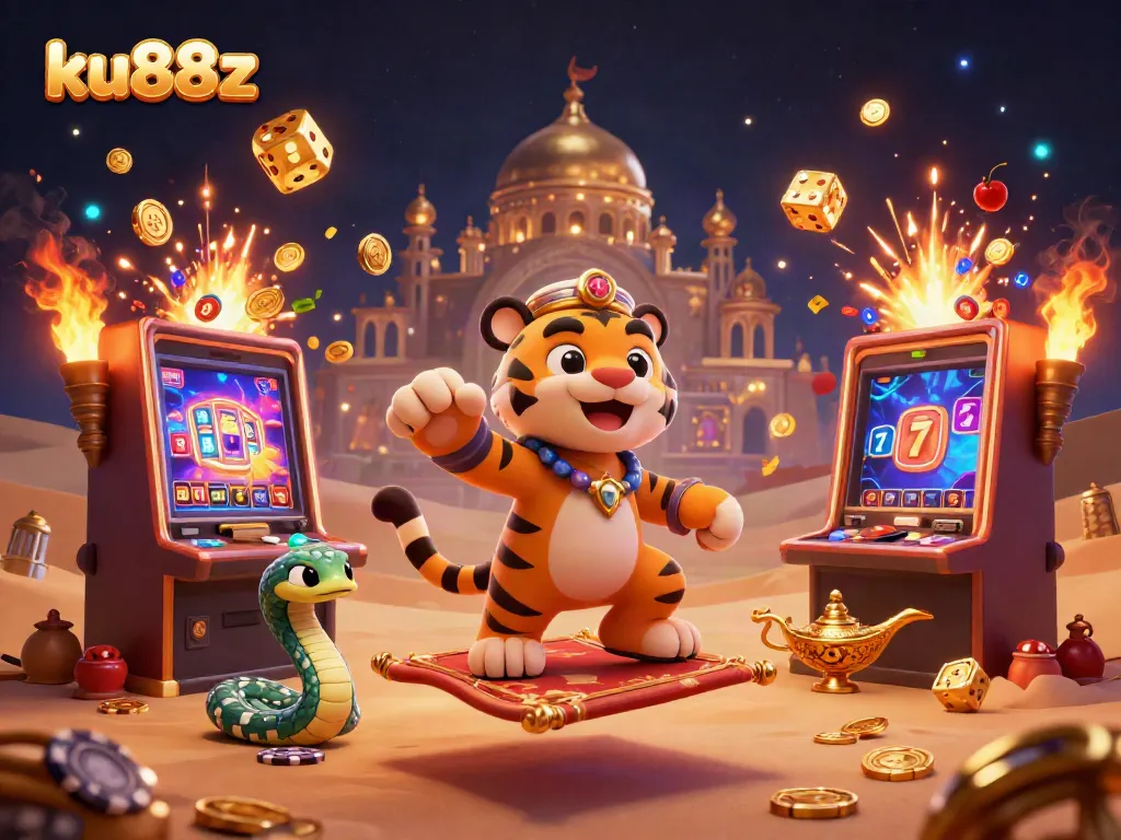 Experience the thrill at ku88z with vibrant 3D characters and casino elements celebrating jackpot wins.