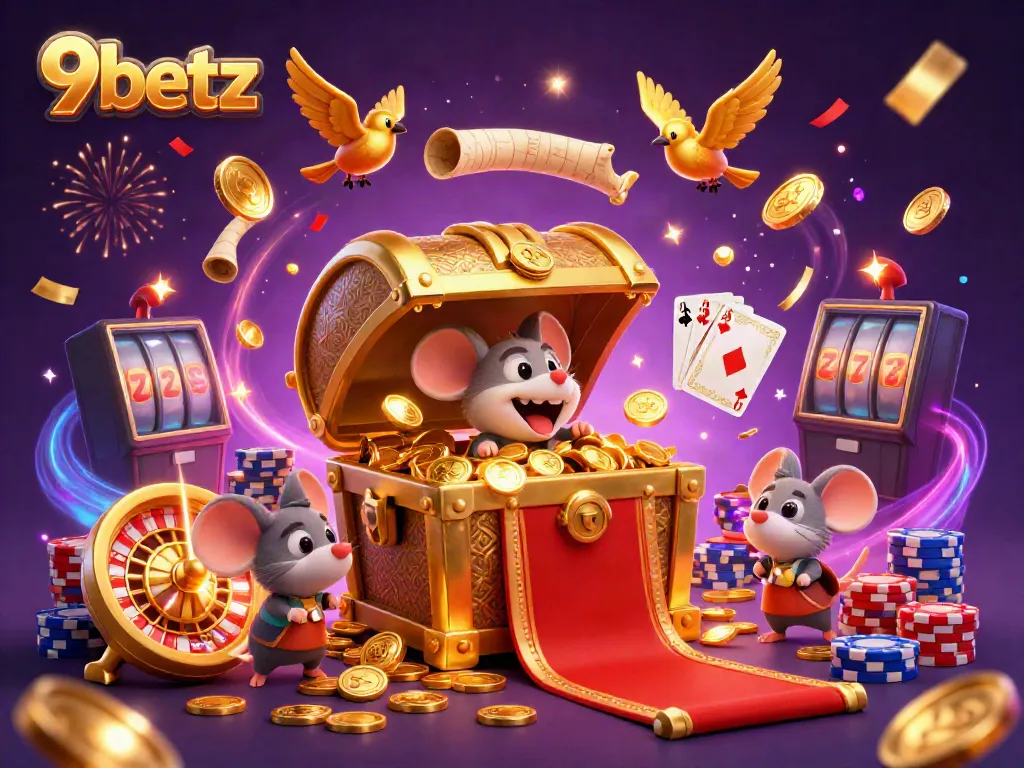 Experience the excitement of 9betz with a vibrant treasure chest scene enticing adventurers amidst cascading coins and dazzling games.