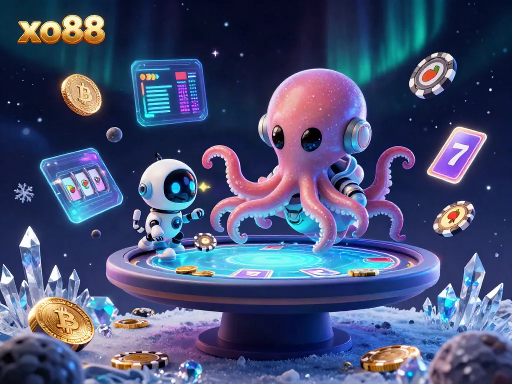 Experience thrilling gameplay with xo88 in a vibrant 3D scene featuring an alien octopus at a holographic poker table.