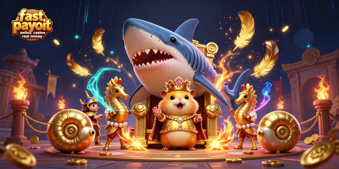Engage in the fast payout online casino real money experience with a vibrant 3D scene featuring a golden hamster king and dynamic casino elements.