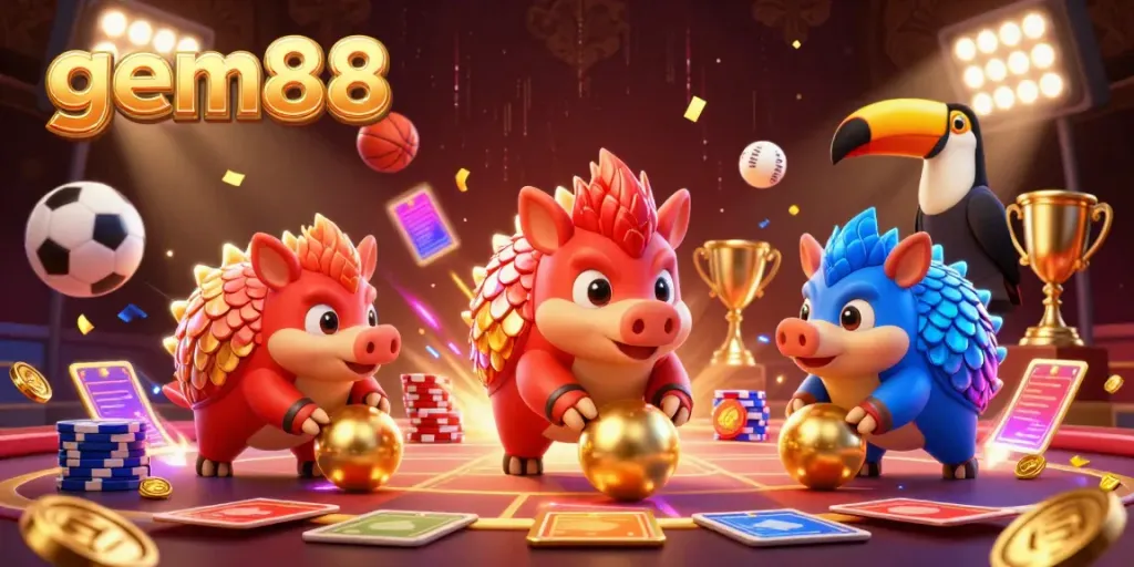 Spin the slots and roll the dice with gem88 in this vibrant 3D animated casino world.