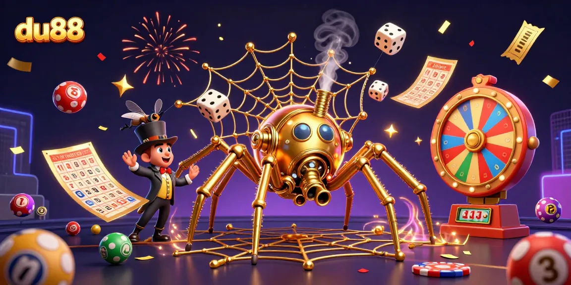Engage with du88's vibrant 3D scene of a golden spider and a fly gentleman amidst colorful gaming elements.