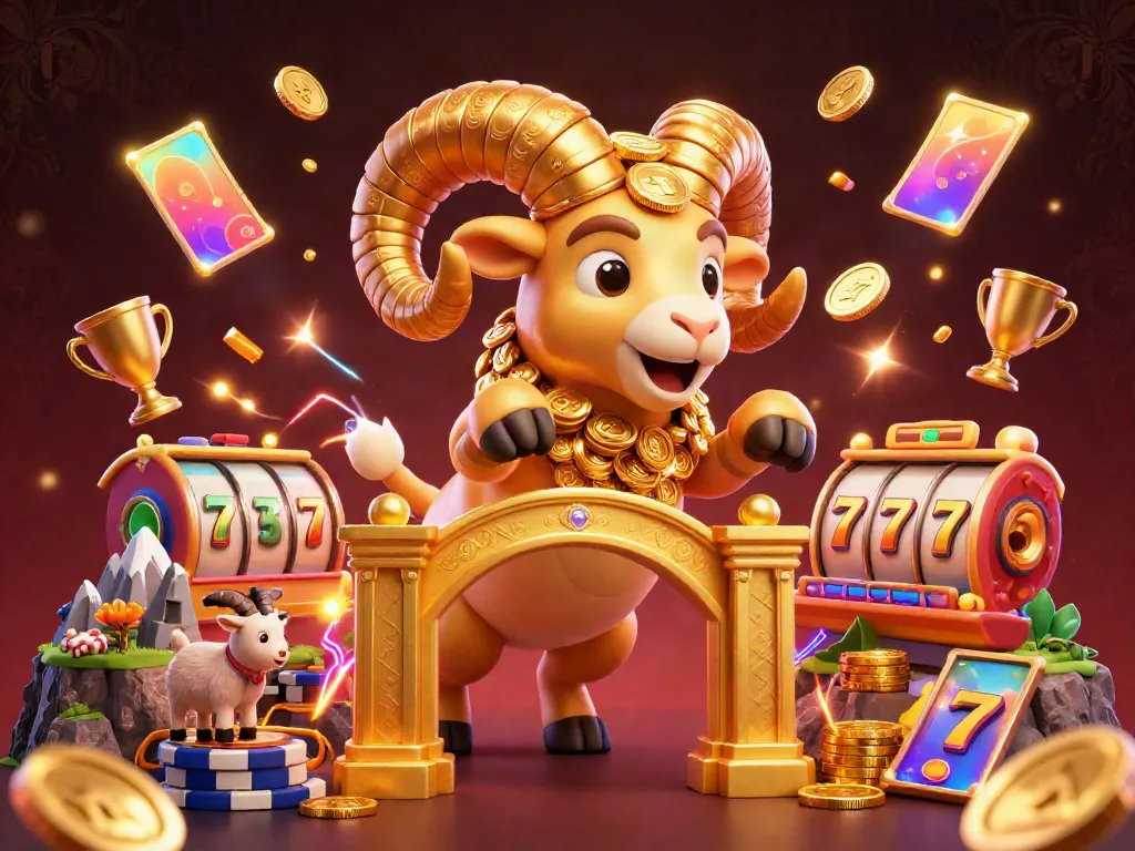 Nohuwin showcases an exciting 3D illustration of a golden ram charging through a jackpot scene, enhancing online gaming appeal.