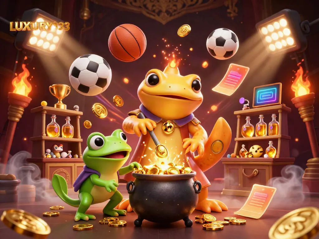 Ilustrasi 3D LUXURY333 menampilkan alkemis salamander emas raksasa dan pelajar katak