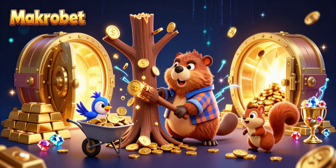 Experience epic wins at Makrobet with a fun gaming scene featuring a beaver collecting coins!