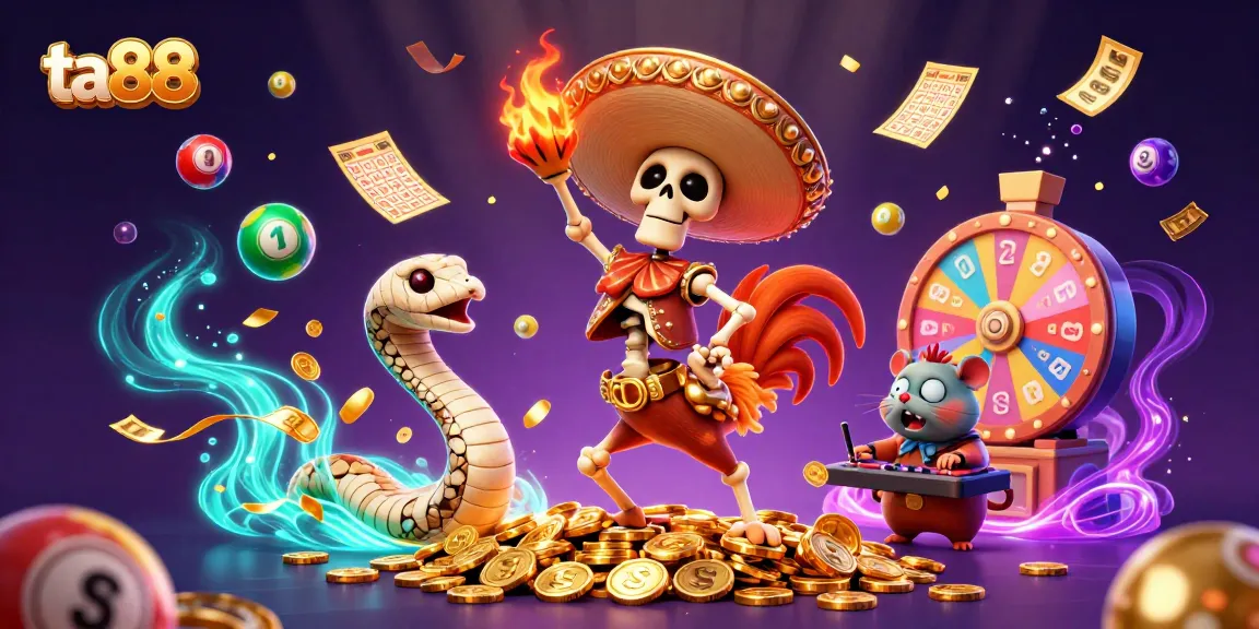 Experience excitement with ta88 as lottery balls fly and characters dance in a colorful, vibrant scene.