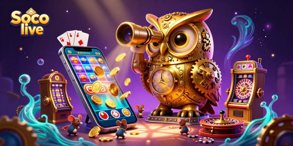 Soco live showcases a dynamic 3D scene with a golden owl and casino elements, highlighting exciting gameplay features.