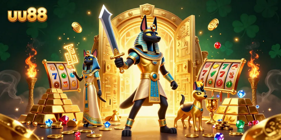 Experience the excitement at uu88 with Anubis and Bastet amidst dazzling treasures and slot symbols.