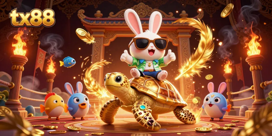 tx88's vibrant 3D illustration showcases a lucky rabbit and golden turtle in a dynamic casino scene.