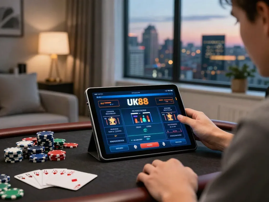 Player enjoying betting on uk88 with modern tablet in stylish home setup.