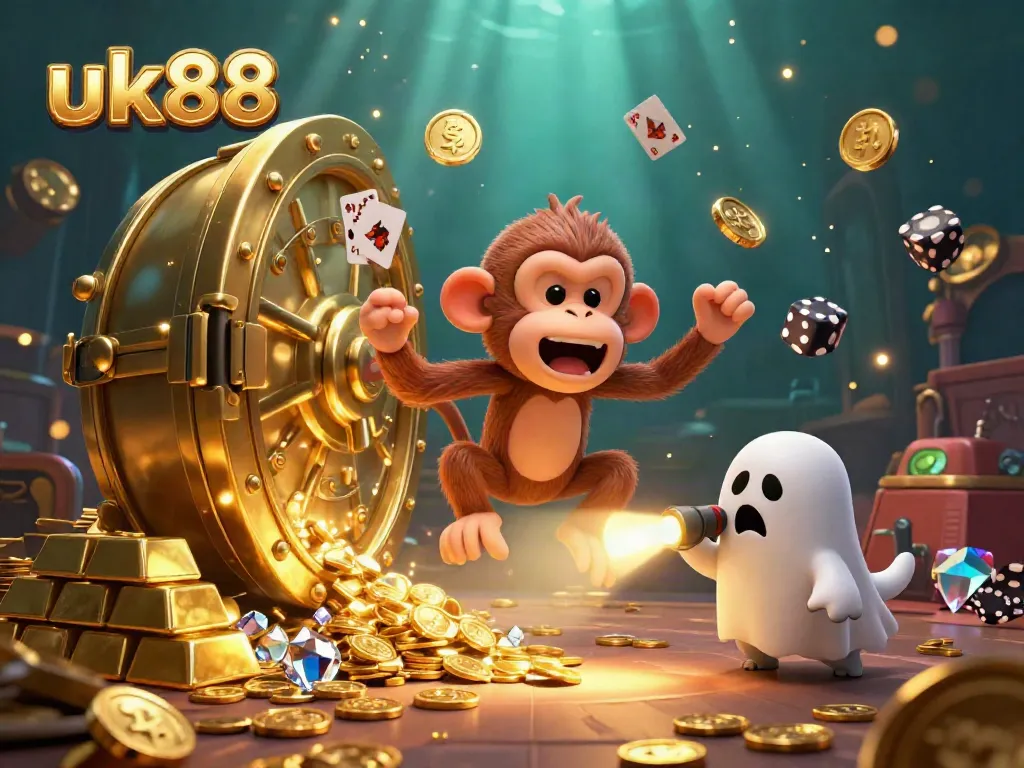 Experience the excitement of uk88 with a poltergeist monkey juggling golden casino treasures while a ghost-hunter puppy tracks it.