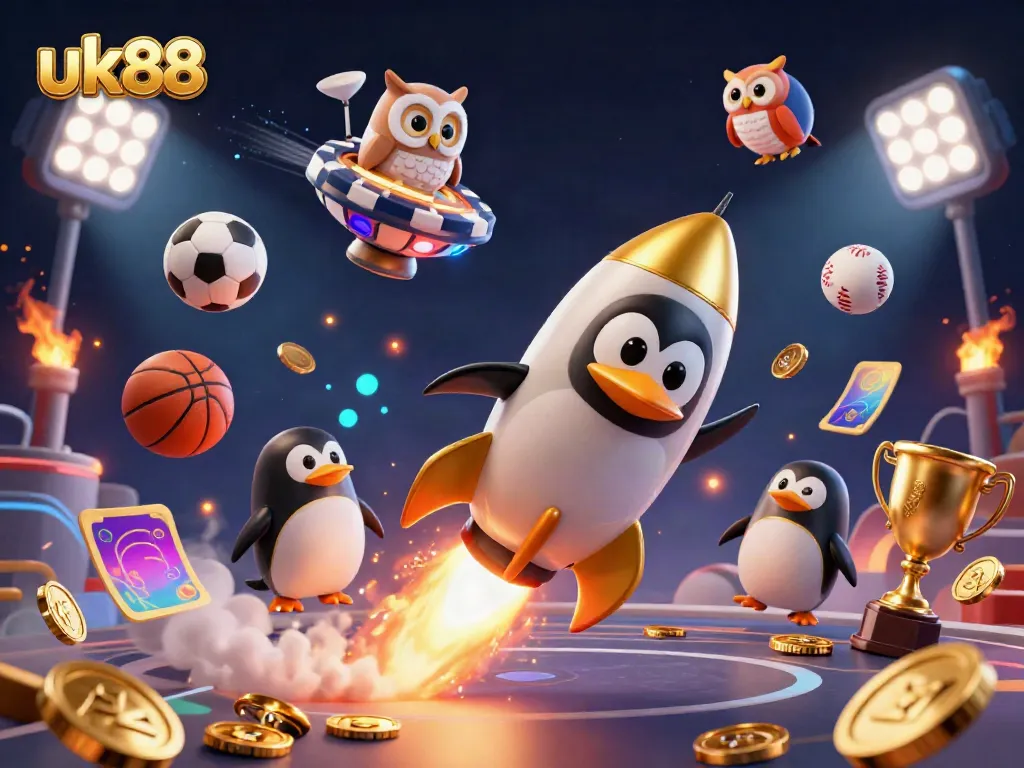 Catch the excitement with uk88's golden penguin racing to a casino space station, complete with sports elements!