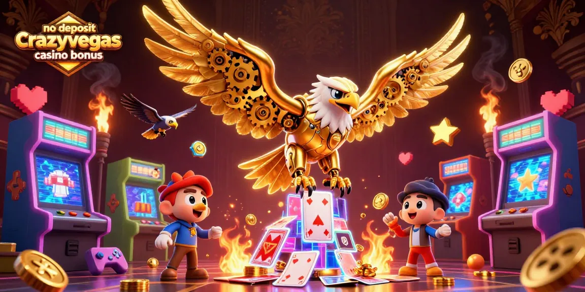 Experience the thrilling no deposit crazyvegas casino bonus with a dynamic illustration of a cybernetic eagle amid playing cards and arcade elements.