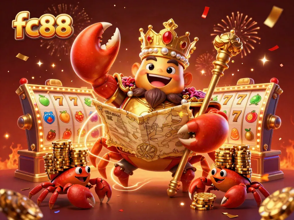 Enjoy the thrill at fc88 with a lavish casino scene featuring a golden crab emperor amidst rich gaming elements.
