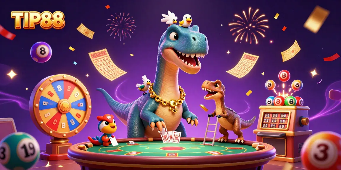 Engage with TIP88 at a vibrant casino scene featuring a cartoon brontosaurus and raptor dealing cards.