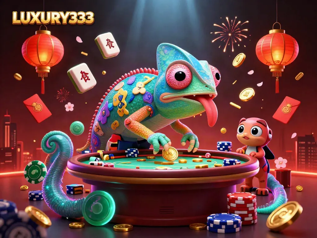 LUXURY333: Engaging casino illustration with a playful chameleon and vibrant game elements.