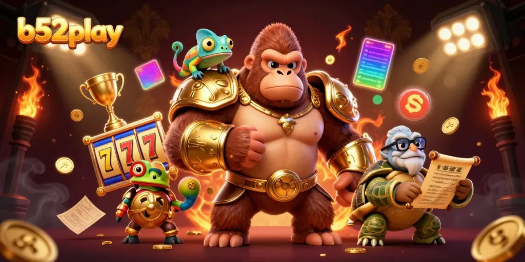 Experience b52 play with a vibrant scene of gaming excitement, showcasing a powerful gorilla, chameleon, and tortoise with rich casino elements.