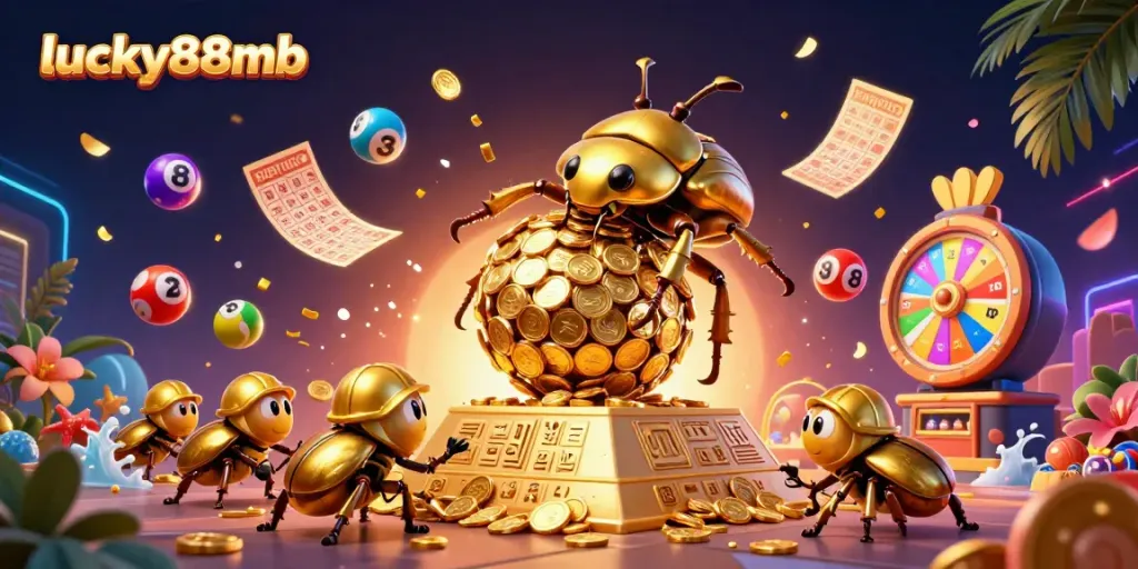 Unleash rewards with lucky88mb's vibrant gaming experience featuring gold coins, lottery balls, and dynamic elements.