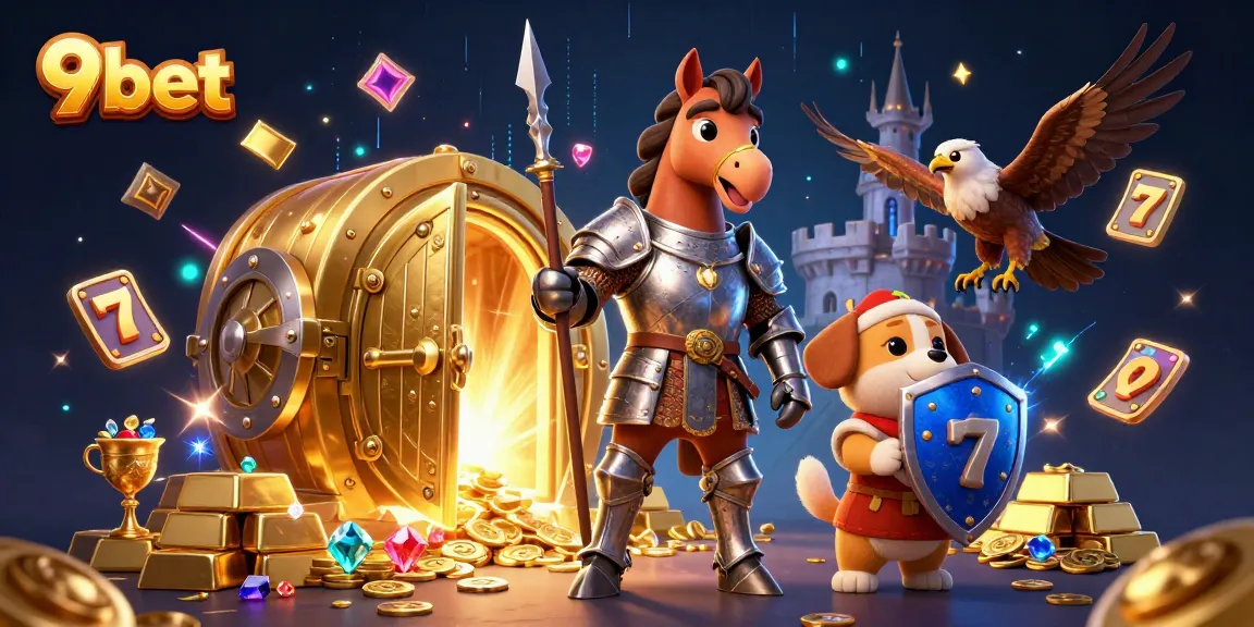 Experience thrilling gaming with 9bet in a vibrant 3D casino scene showcasing exciting treasures.