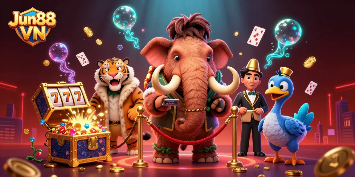 Experience thrill with Jun88 VN as a woolly mammoth bouncer checks IDs at an exciting casino scene.