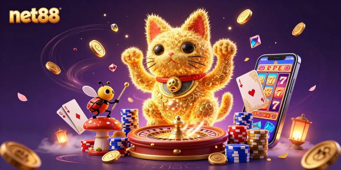 Experience magic with net88 as glowing fireflies create a lucky cat amidst shimmering casino treasures.