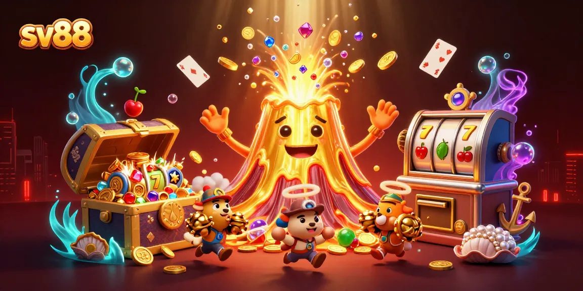 Experience vibrant casino action with sv88 as a golden volcano erupts coins and gems in a dynamic scene.
